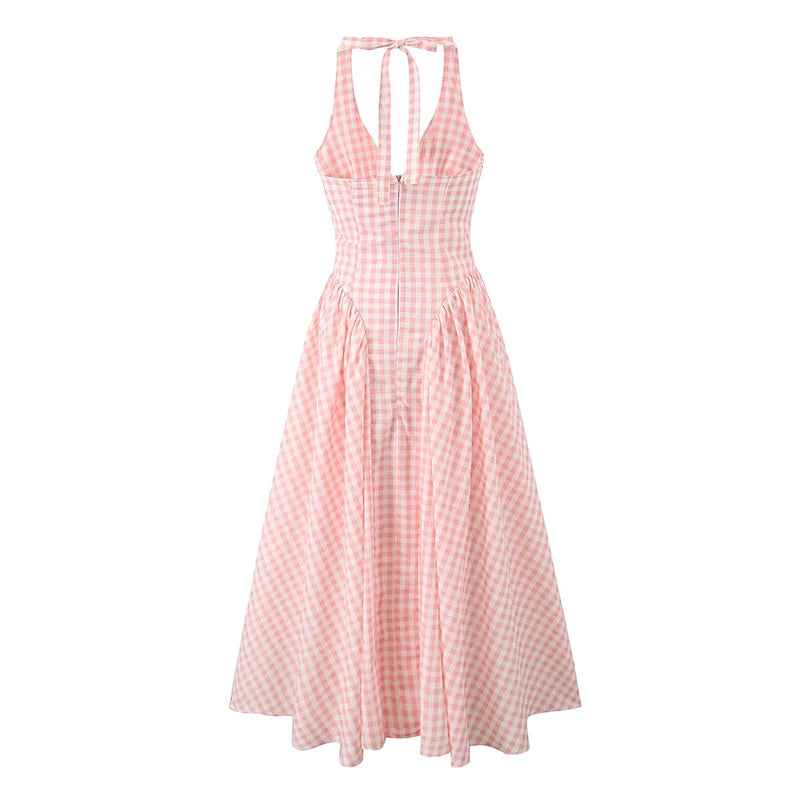 YENKYE Abito estivo da donna sexy senza schienale scozzese rosa con scollo all'americana a vita bassa Abiti da festa eleganti Abito da vacanza