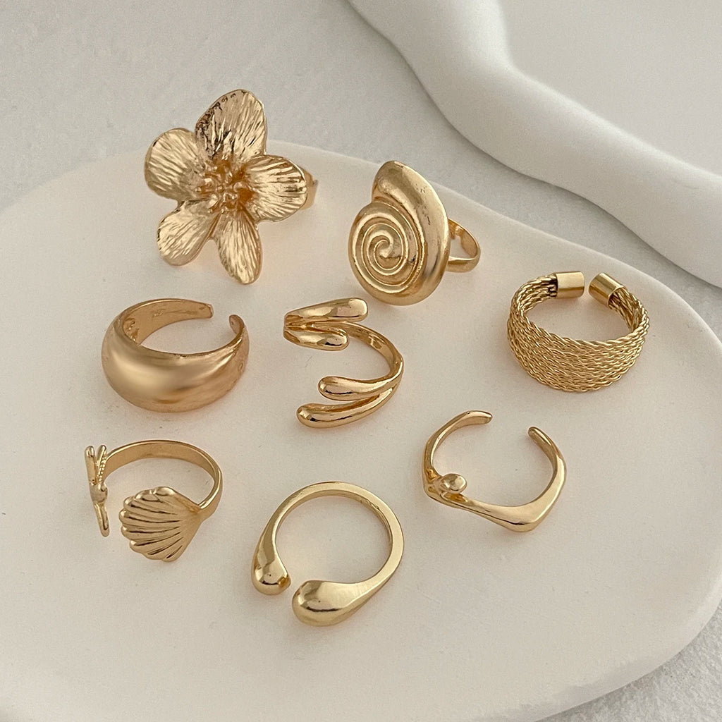 Ingemark 8 Pz/set Vintage Metallo Petalo Fiore Goccia D'acqua Anelli Aperti per Le Donne di Tendenza 2025 Goth Anello Geometrico Regalo Dei Monili Quotidiani