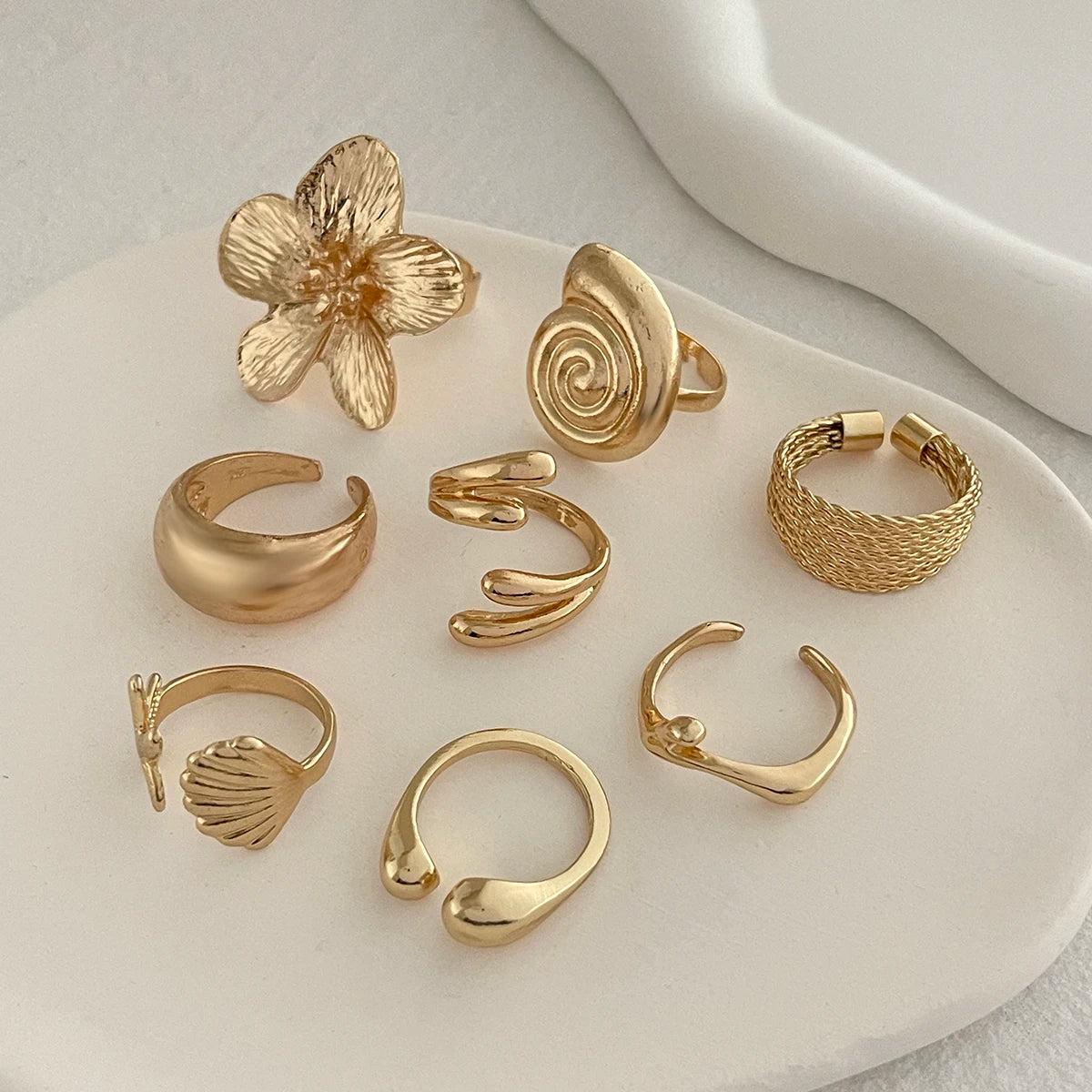 Ingemark 8 Pz/set Vintage Metallo Petalo Fiore Goccia D'acqua Anelli Aperti per Le Donne di Tendenza 2025 Goth Anello Geometrico Regalo Dei Monili Quotidiani