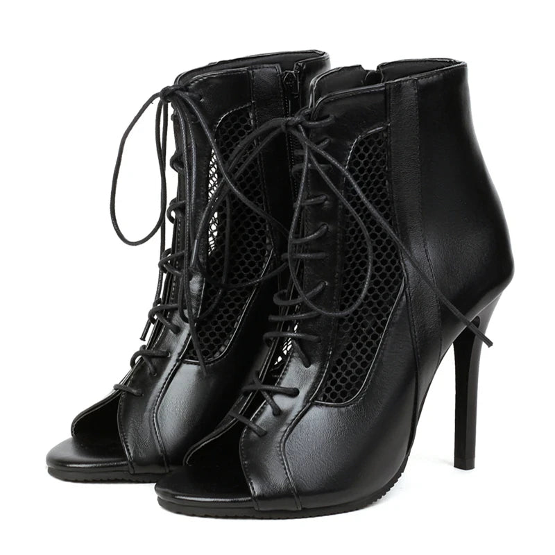 Fashion Summer Jazz Dance Shoes Peep Toe Ankle Boots For Women Sexy High Heels Lace-up Black White Sandals Female