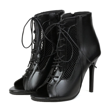 Fashion Summer Jazz Dance Shoes Peep Toe Ankle Boots For Women Sexy High Heels Lace-up Black White Sandals Female