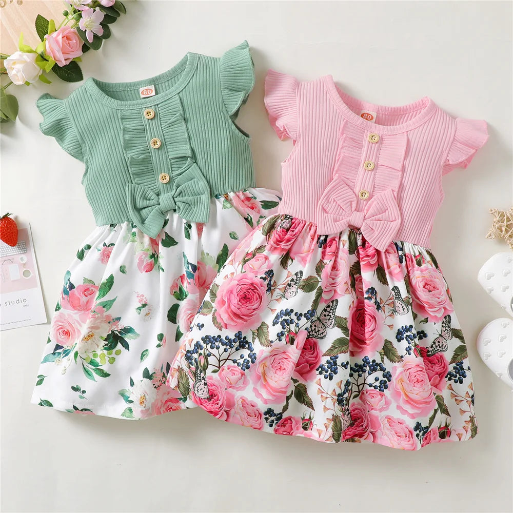 1-5 anni Toddler Girl Dress Fly Sleeve Flowers A- Line Princess Dress bambini Summer Lovely Daily Holiday Dresses for Kids Gir