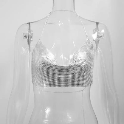 Sexy Estate Con Paillettes In Metallo Crop Magliette E Camicette Bretelle Halter Backless Night Club Canotta 2024 Nuove Donne Abbigliamento Moda Y2k Magliette E Camicette
