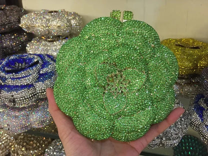 Pochette da sera con strass rosa/verde con fiore rosa Borse da sera da donna in cristallo giallo floreale Pochette da sposa per festa di nozze