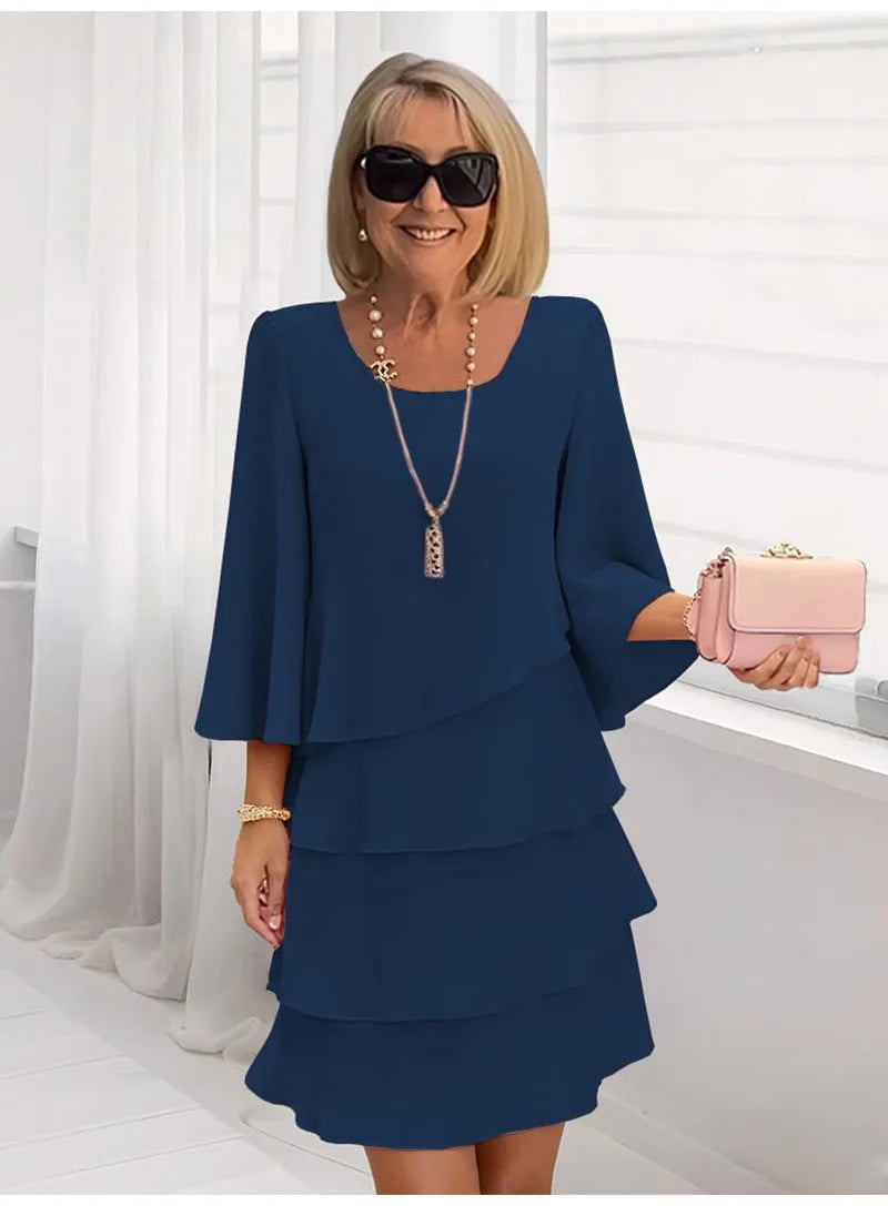 Abito longuette casual con volant Donna 2025 Abiti estivi con scollo a tinta unita moda estiva eleganti