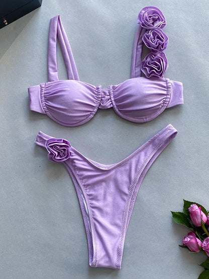 Sexy 3D Fiori con ferretto Bikini brasiliano Costumi da bagno donna Costume da bagno femminile Bikini a due pezzi Costume da bagno a triangolo Swim Lady