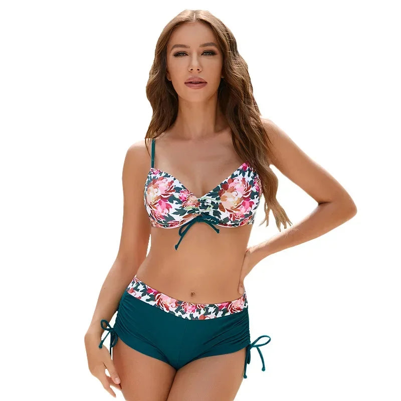 Two-Piece Women Bikini Sets Flower Printed Backless Swimwear High Waist Padded Beach Bra Shorts Set Water Sports Clothes
