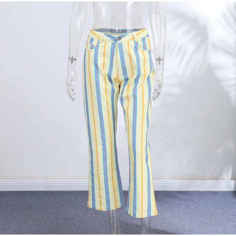 Jeans da Donna a Righe Stile Street Fashion con Cerniera, Bottone e Tasche, Gamba Larga, Pantaloni in Denim Chic Primavera Estate 2026