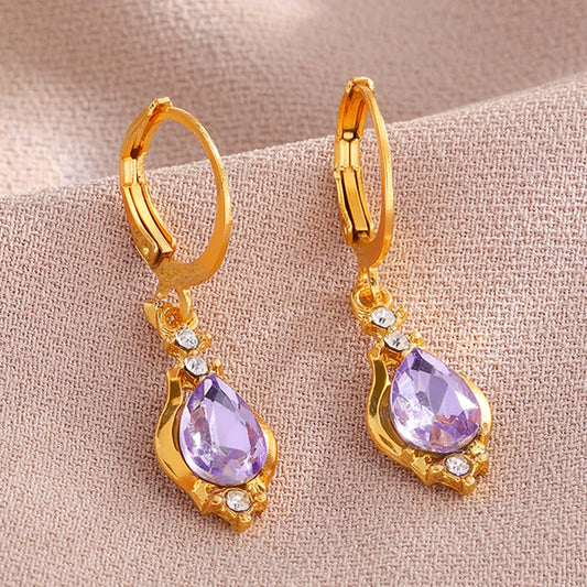 ZAKOL Orecchini a cerchio con goccia in pietra di cristallo viola lucido vintage per le donne Acqua Dorp Boho Orecchini pendenti lunghi Regalo di gioielli