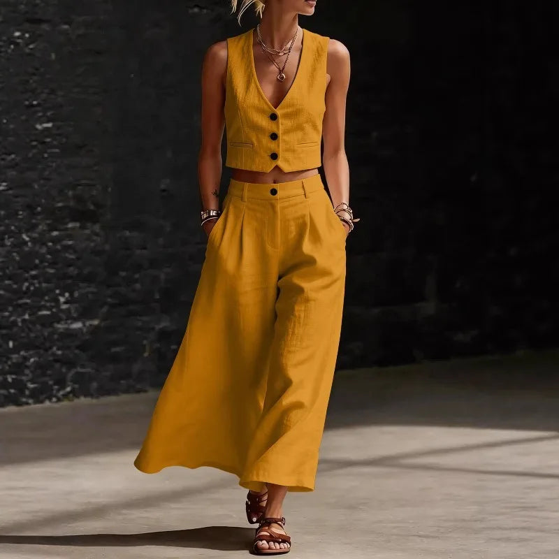 Summer Sexy V-neck Button Vest Top and Wide Leg Pants Outfits Women's Elegant Solid Color Temperament Slim Fit Vacation Suit