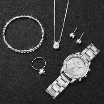 6 pezzi/set orologio da donna moda cinturino in acciaio argento orologi analogici al quarzo set di gioielli con diamanti (senza scatola)