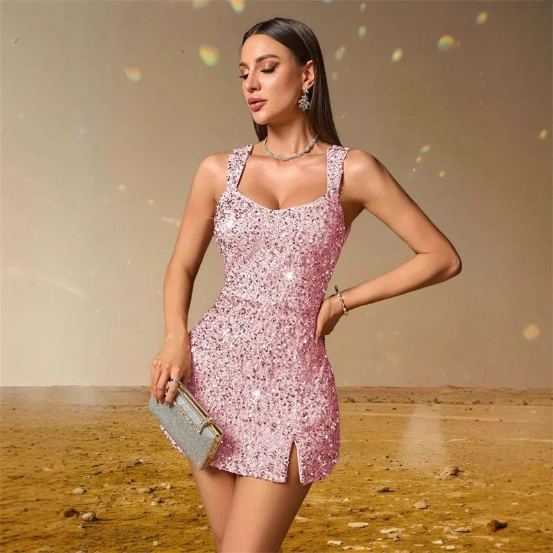 Abiti da donna con spacco basso Abito da sera estivo con paillettes lucide Abiti da festa eleganti sexy Abiti da ballo corti per compleanno da cocktail XSY225