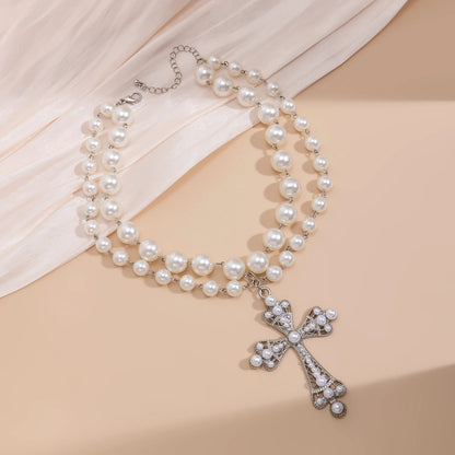 Ingemark multistrato Goth strass croce gesù ciondolo collana girocollo per le donne Vintage perline acriliche regalo di gioielli di Halloween