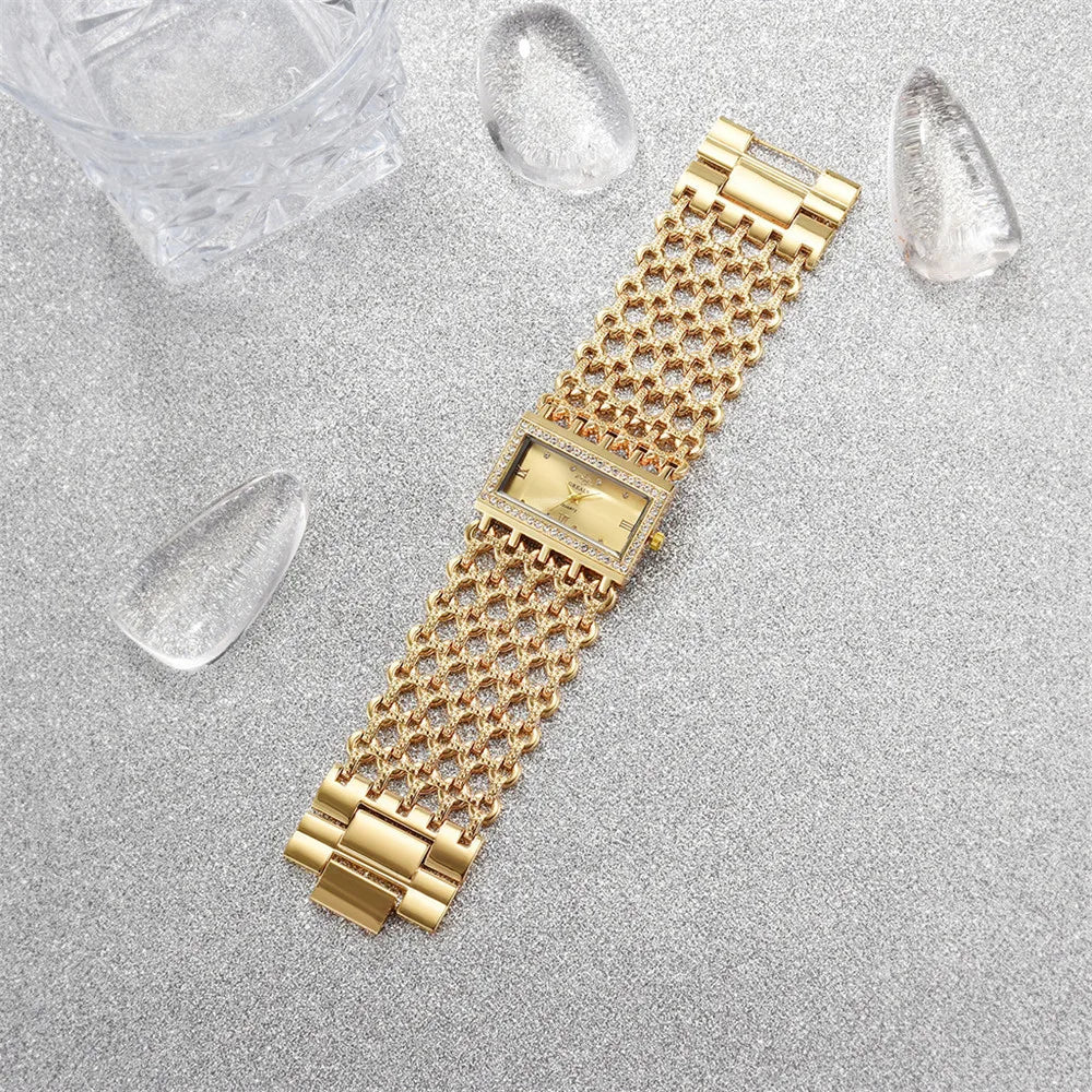 Orologio al quarzo da donna in oro nobile di lusso, orologio da donna con cinturino scheletrato, orologio completo