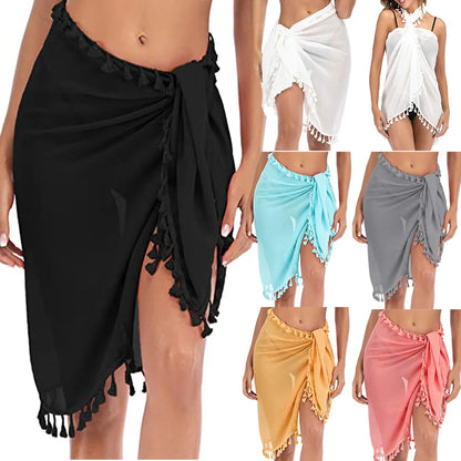 Copricostume da bagno per donna Sarong Beach Bikini Wrap Sheer gonna corta sciarpa per costumi da bagno con nappa
