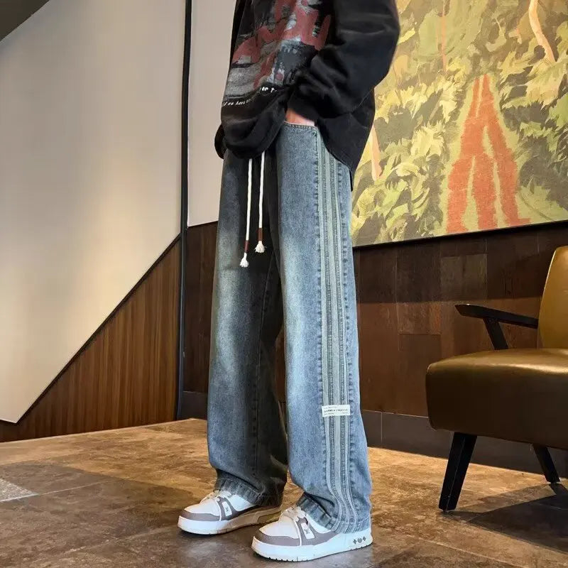 Tre bar jeans retrò americani da uomo primavera e autunno nuovo stile high street elastico in vita sciolto casual gamba dritta da uomo lunga