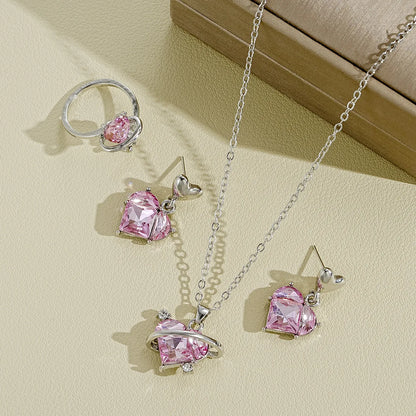4 pezzi Love Pink Cristalli Orecchini dolci Collane e anelli Set di gioielli Leggero e versatile per le donne Regalo per la festa della mamma