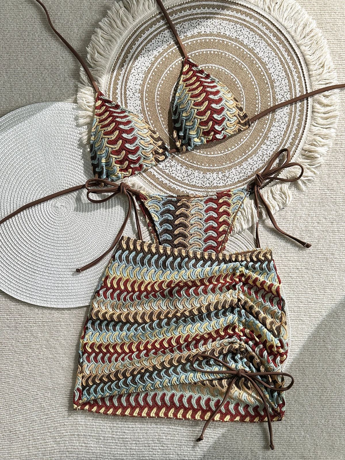 Damen-Badeanzug, bunte Ahornblätter, gestrickter Bikinirock, dreiteiliges Set, geteilter Badeanzug, Bikini, sexy Biquini, Badeanzug