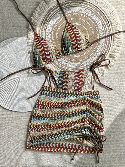 Damen-Badeanzug, bunte Ahornblätter, gestrickter Bikinirock, dreiteiliges Set, geteilter Badeanzug, Bikini, sexy Biquini, Badeanzug