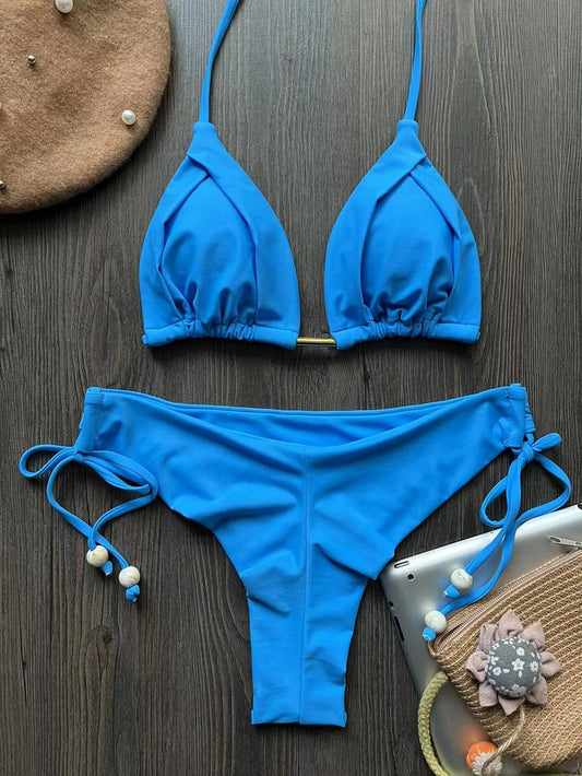 Solid color sexy swimsuit women's new bikini blue beachwear split Brazilian bikini set