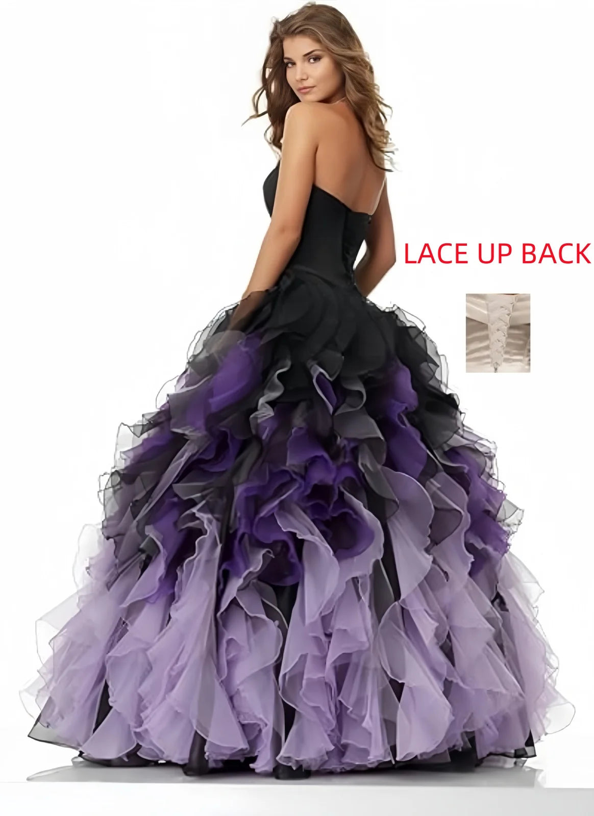 Abito Quinceanera in organza senza spalline con volant Abiti da ballo Abito da ballo lungo gonfio con scollo a cuore Ombre Abito da cocktail da sposa