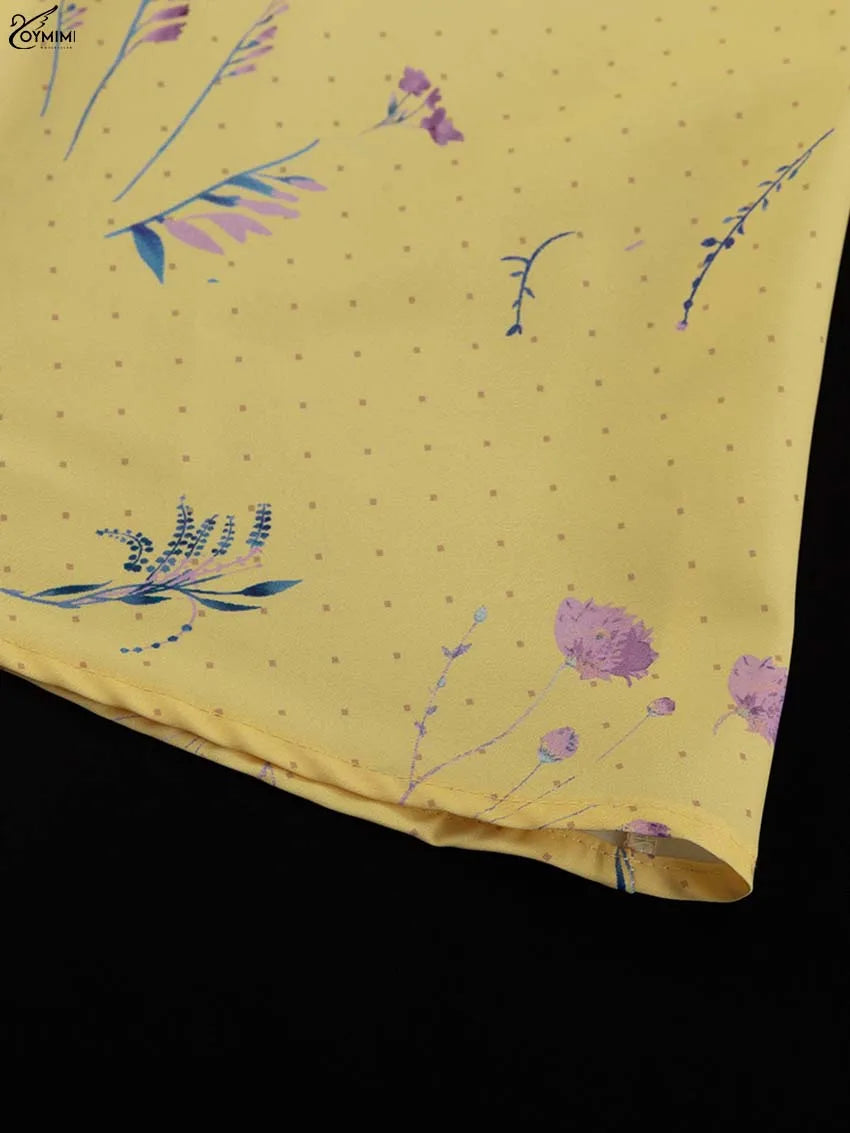 Oymimi Abito da donna casual con stampa gialla Elegante cinturino per spaghetti Abiti aperti sul retro Abito alla caviglia a vita alta moda autunnale
