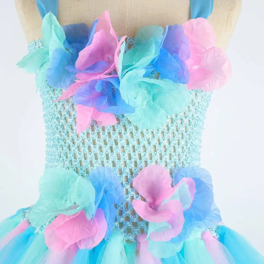 Costumi da fata dei fiori turchese per ragazze Abiti da principessa fata farfalla con ali Bacchetta per bambini Vestito da tutù di carnevale di Halloween