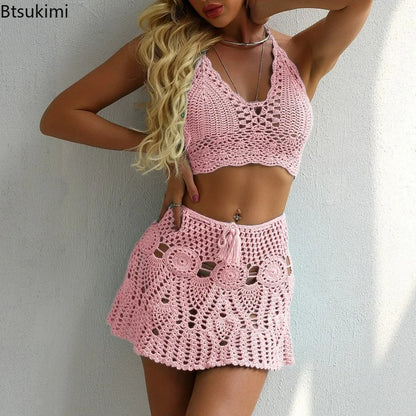 Sexy Knitted Bikini Thong Bathing Suit Women High Waist Crochet Swimsuit with Skirt Shell Hollow Out Women Swimdress Beachwear