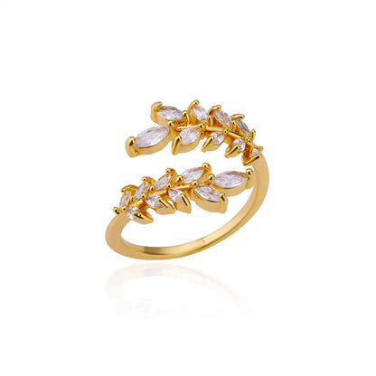 Anelli a foglia a doppio strato con zirconi di lusso per le donne Anello in acciaio inossidabile color oro Boho Coppia gioielli Accessori anelli mujer