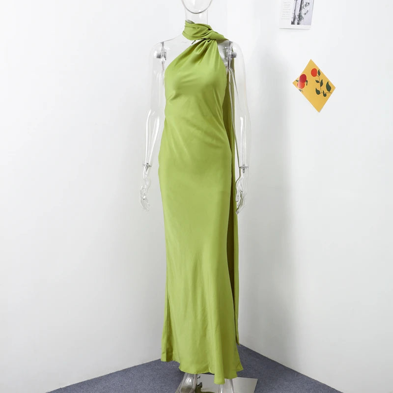 Abito Lungo Sexy Senza Maniche con Nastro, Elegante Vestito da Donna Slim in Raso con Schiena Scoperta e Lacci, Abito da Festa alla Moda 2026, Tinta Unita, per Vacanze, da Donna
