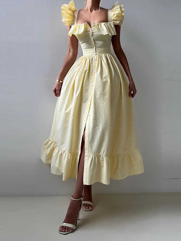 BKQU Abito lungo elegante con maniche volanti a righe con volant Abito lungo da donna chic con colletto quadrato sottile monopetto Abito lungo da festa estivo femminile