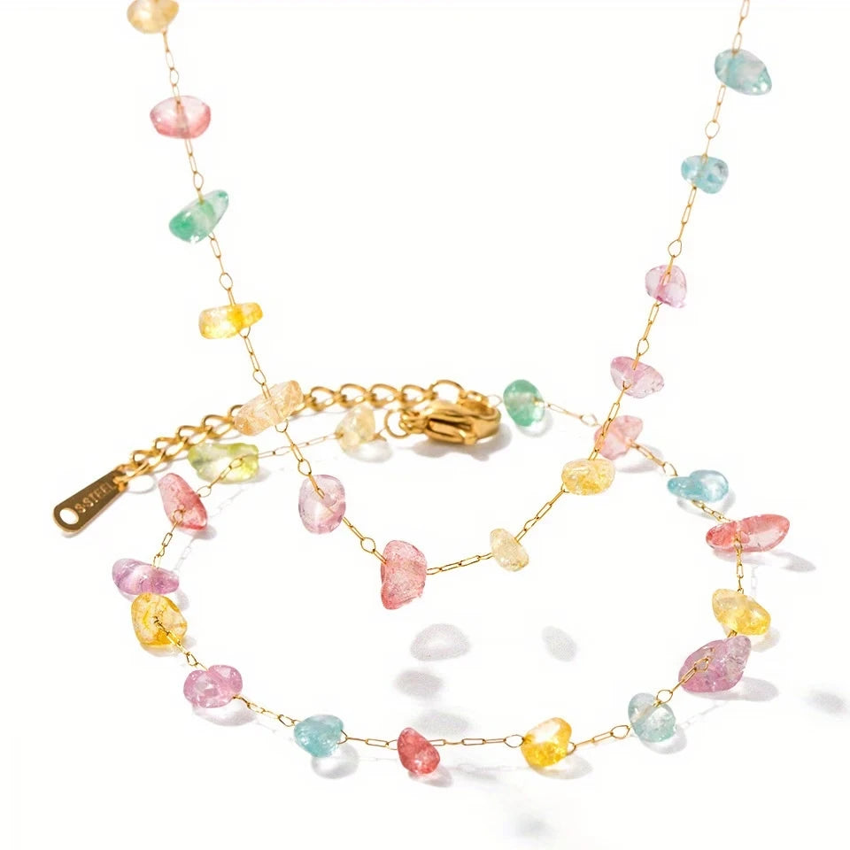 Yupsk Summer New Stainless Steel Colorful Stone Beads Necklace Bracelet Jewelry Set for Women Girls Fashion Accessories