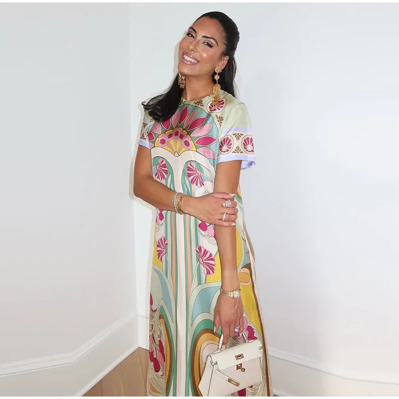 Abito Lungo da Donna con Stampa, Scollo a V, Maniche a Campana, Bordo a Foglia di Loto, Vita Alta, Vestito Maxi Aderente, Elegante Abito da Sera per Feste