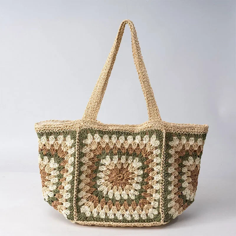 Borsa estiva intrecciata a mano Borsa con motivo abbinato ai colori Fodera in tela Tote di grande capacità Borsa da spiaggia per vacanze al mare Borsa da donna