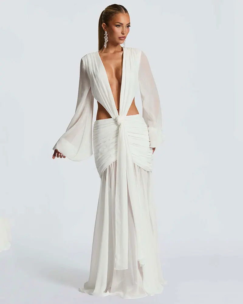 GACVGA Abito lungo elegante in chiffon per donna Nuovi abiti con maniche a lanterna Abiti lunghi aderenti da club sexy pieghettati
