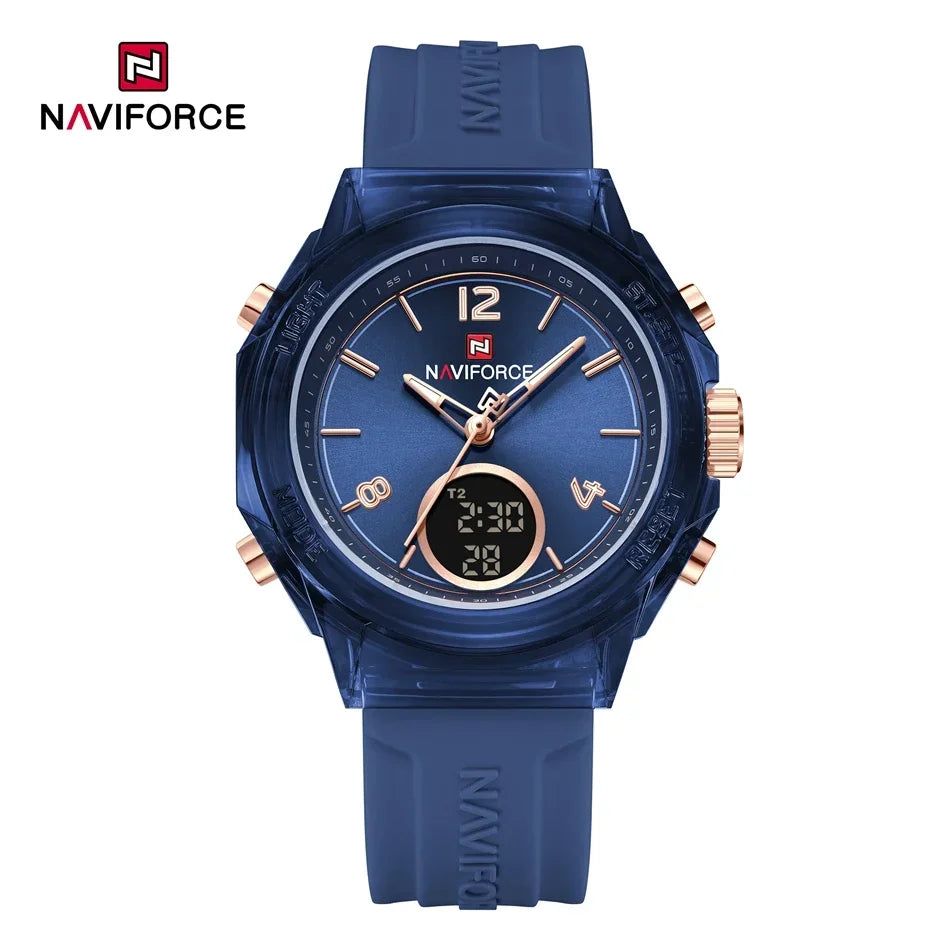 NAVIFORCE Orologio da donna di lusso Orologio sportivo all'aria aperta in oro Orologi impermeabili Doppio display dell'ora Orologi da polso al quarzo Orologio digitale in gomma