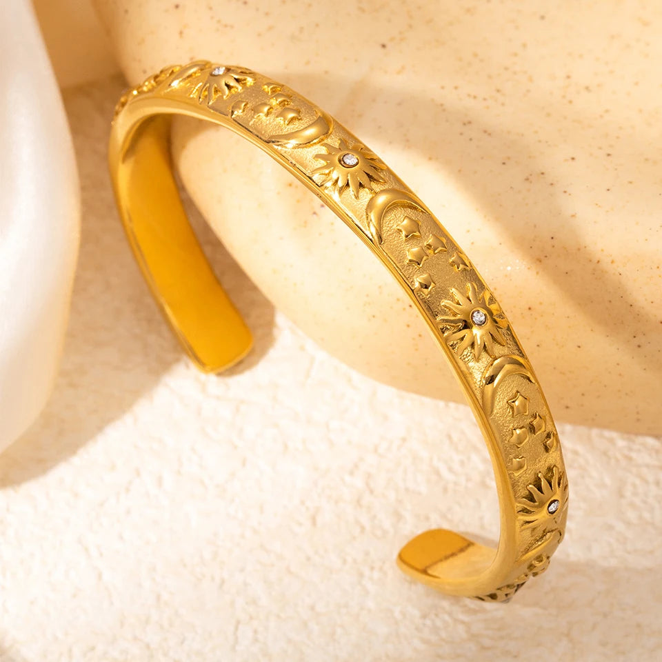 Bracciale rigido classico in acciaio inossidabile con stella lunare e sole, eleganti braccialetti aperti in metallo per le donne, regalo per feste