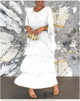 Abiti eleganti da donna in chiffon solido Primavera Autunno O-Collo Abito femminile con volant a strati Mezza manica Torta Abito lungo da vacanza al mare