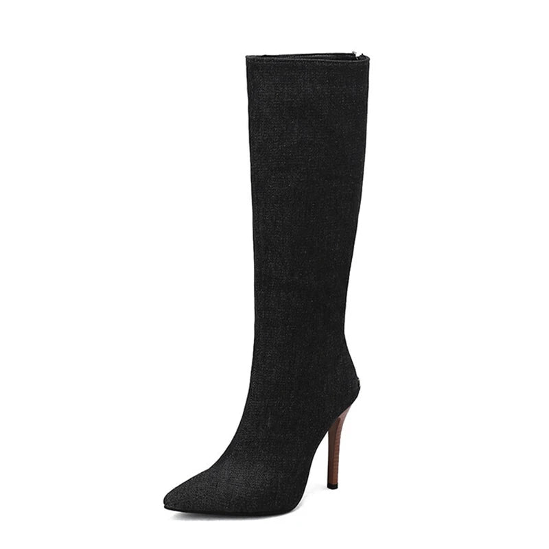 2025 White Snake Print Leather Knee High Boots Thin Heel Zipper Sexy Party Shoe Pointy Toe Thigh High Woman Long Boot Size 34-43