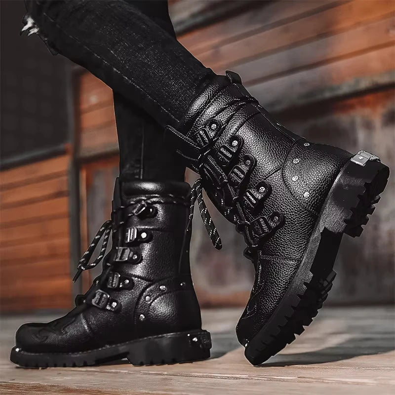 Men's Motorcycle Boots Outdoor Boots Four Season Fashion Cycling Shoes High Top Mens Casual Boot PU Leather Boots Plus Size 46