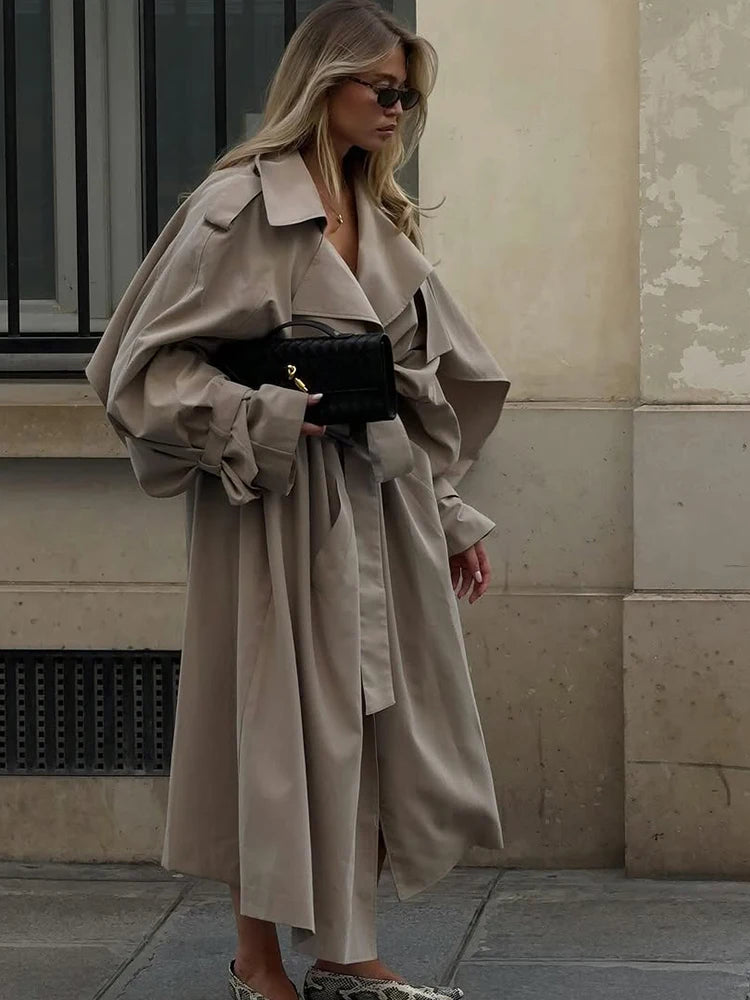 Trench lungo con lacci solido Moda donna Manica intera Risvolto monopetto Capispalla allentato Lady Autunno Cappotto Highstreet quotidiano