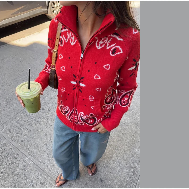 Giacca in maglia con stampa paisley per donna, colletto alto, maniche raglan, chiusura a zip, tasca frontale, cardigan autunnale 2026, giacca retrò ampia.