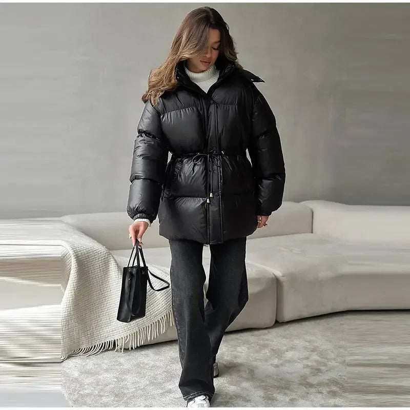 Giacca invernale da donna con cappuccio, calda, con cintura in vita regolabile, maniche lunghe, chiusura con zip, cappotto imbottito da donna, moda 2026, parka spessa da donna
