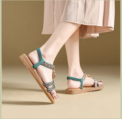 Elegante Damen-Sommersandale im Bohemian-Stil, rutschfest, bequem, für Alltag, Urlaub, flache Strandschuhe