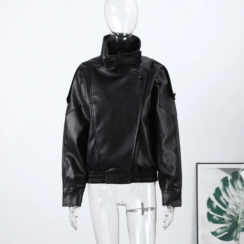 Giacca bomber da donna in camoscio grigio scuro, con colletto alla coreana, maniche lunghe, oversize, asimmetrica, stile street, giacche da donna autunno 2026