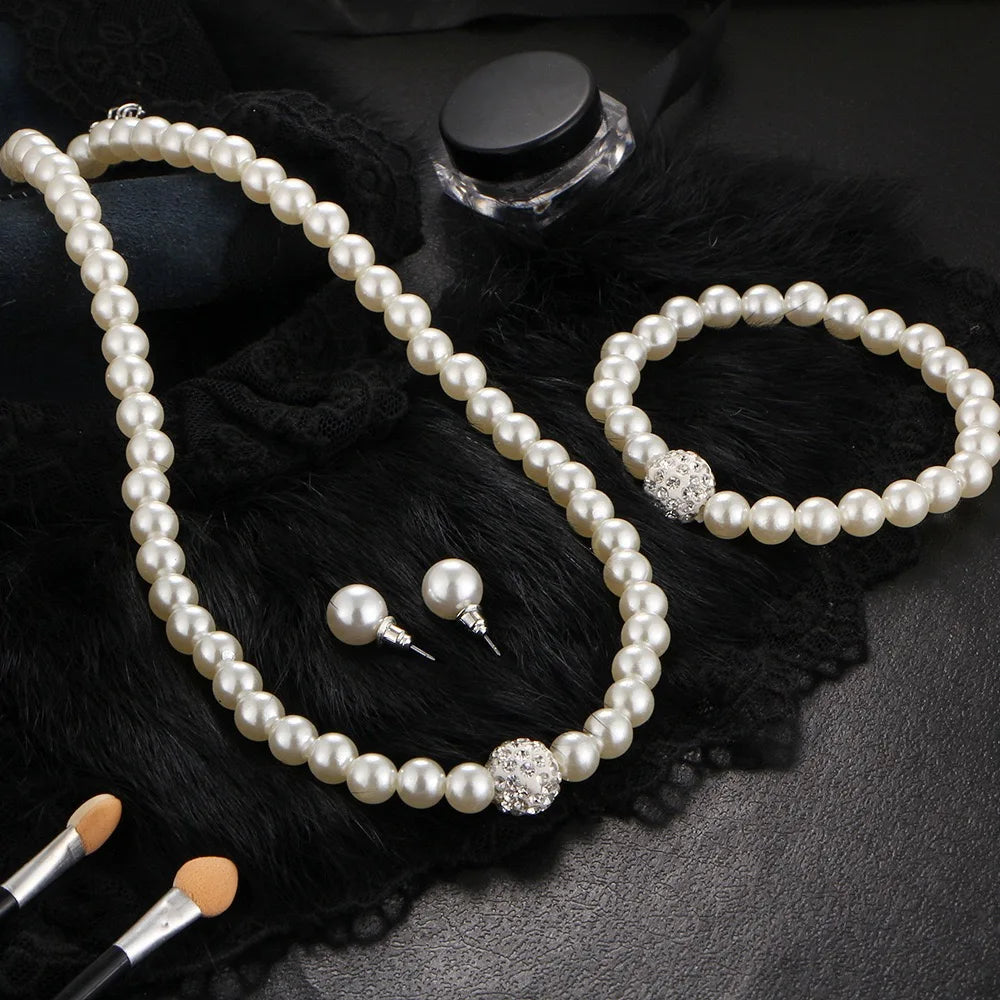 3 pezzi di perle finte palla di fuoco collana braccialetto orecchino set di gioielli con perno colore argento pietra di cristallo elegante regalo di gioielli da sposa