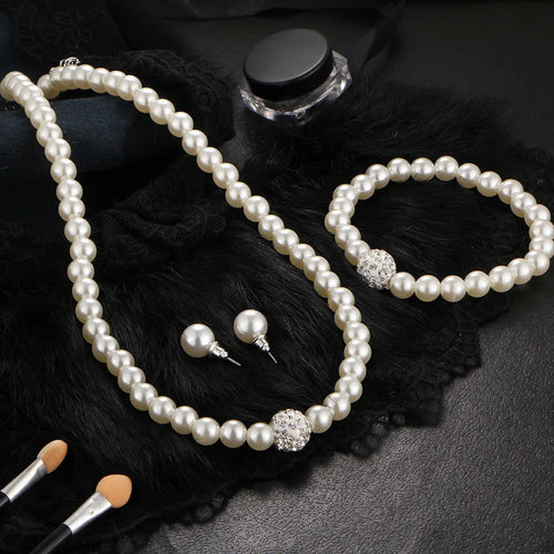 3 pezzi di perle finte palla di fuoco collana braccialetto orecchino set di gioielli con perno colore argento pietra di cristallo elegante regalo di gioielli da sposa