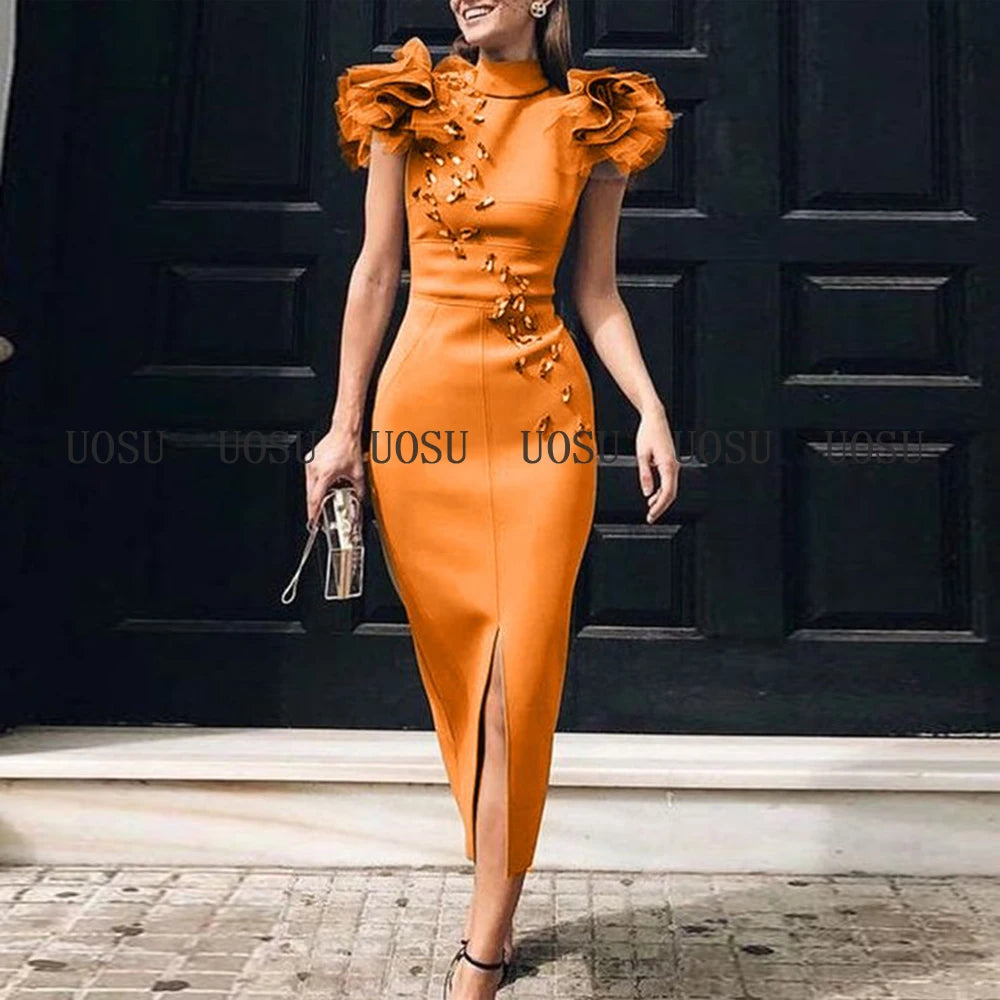 Abiti da ballo a sirena con collo alto perline Ruffles Front Split Satin Women abito da sera formale lunghezza del tè abiti da festa per la madre