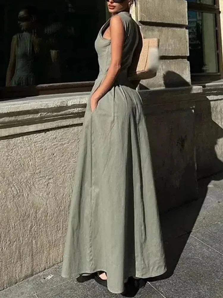 MUJER Abito lungo con cerniera Donna Abito aderente senza maniche pieghettato Abiti da festa eleganti estivi per le donne 2025 Nuovi abiti midi