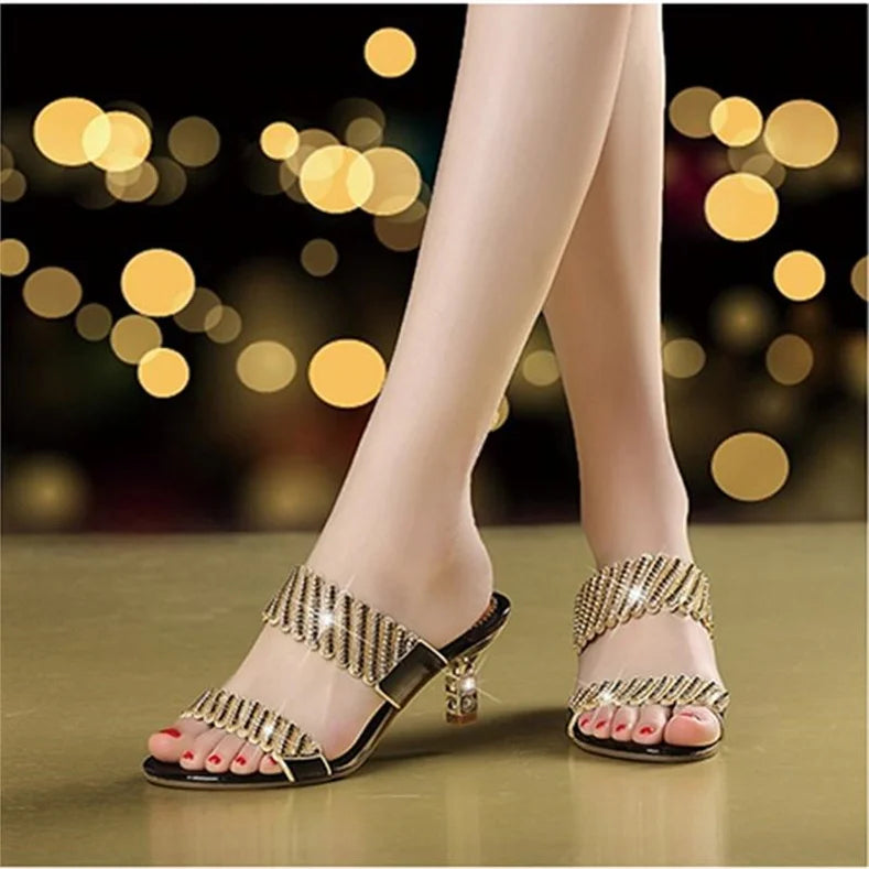 2024 nuove donne estate moda Comfort sandali eleganti oro una parola diamante tacco a spillo sandali con strass tacco medio